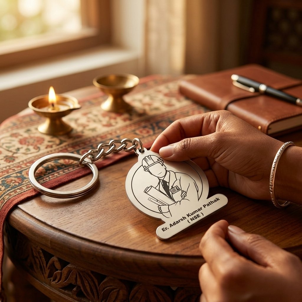 Personalized Metal Keychain for Civil Engineers — lifestyle photo in real gifting setting