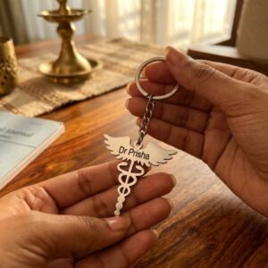 Doctor's Personalized Metal Keychain — lifestyle photo in real gifting setting