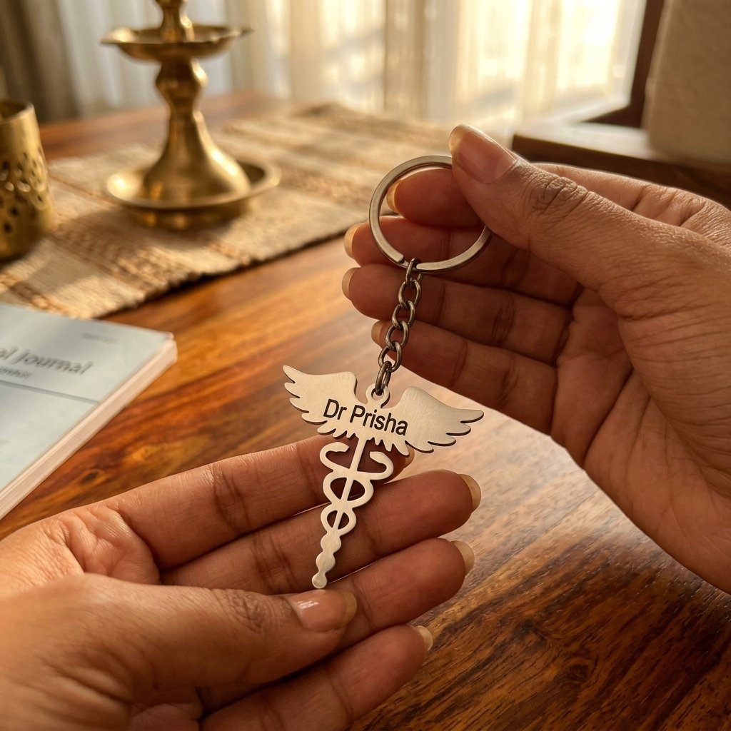Doctor's Personalized Metal Keychain — lifestyle photo in real gifting setting
