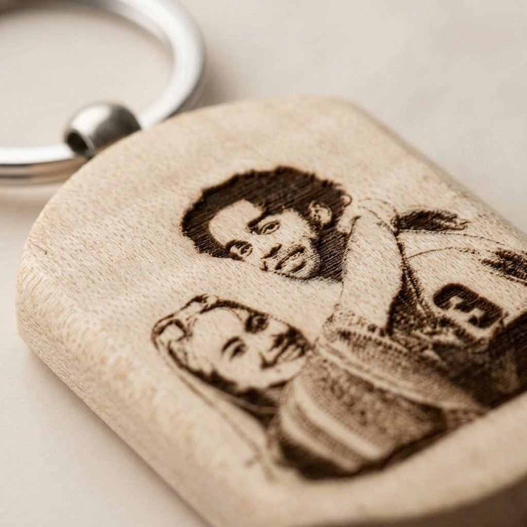 Personalized Picture Engraved Wooden Keychain — close-up detail view showing personalisation and craftsmanship
