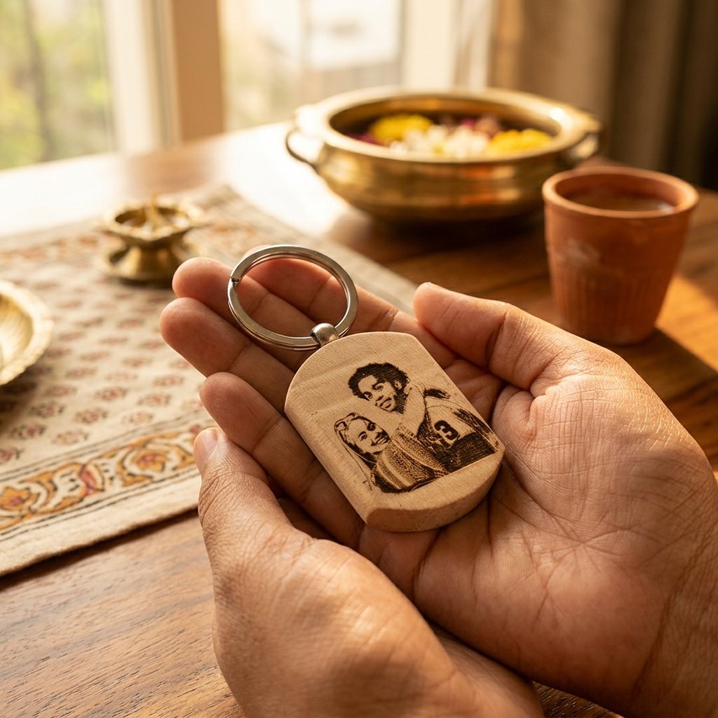 Personalized Picture Engraved Wooden Keychain — lifestyle photo in real gifting setting