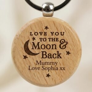 Personalized Round Wooden Engraved Keychain — close-up detail view showing personalisation and craftsmanship