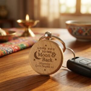 Personalized Round Wooden Engraved Keychain — lifestyle photo in real gifting setting