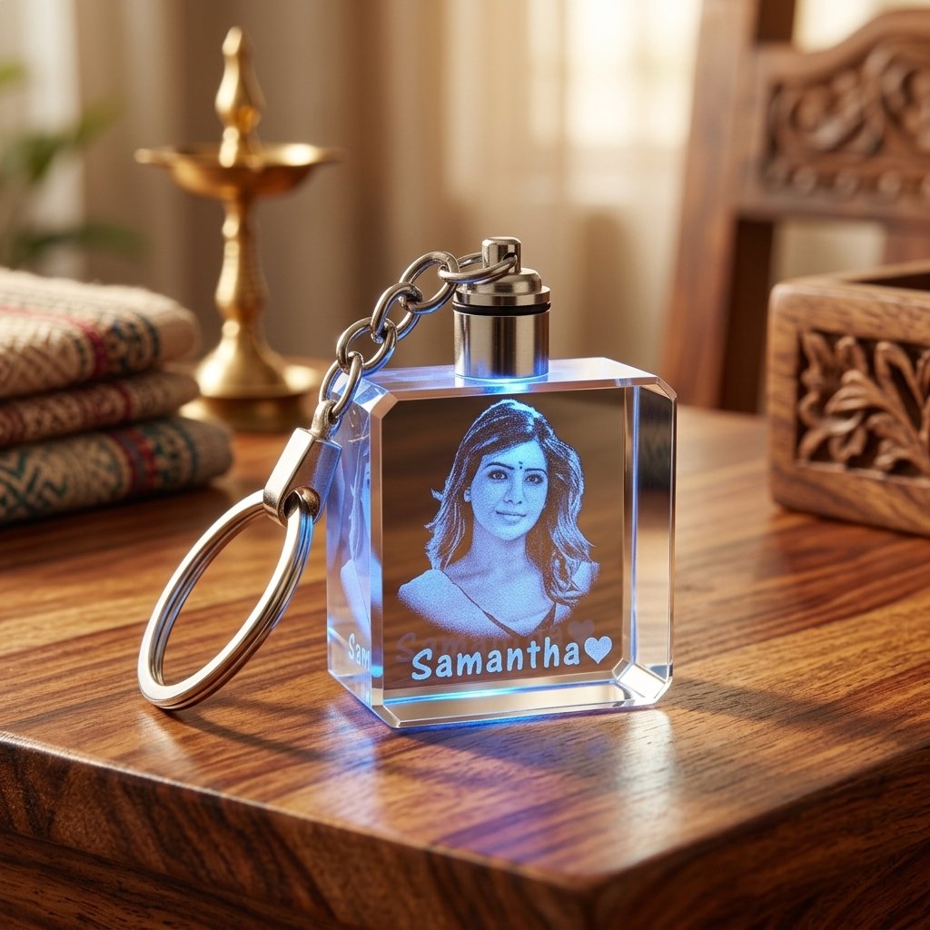 Personalized Square Crystal Multi Colour Keychain — lifestyle photo in real gifting setting