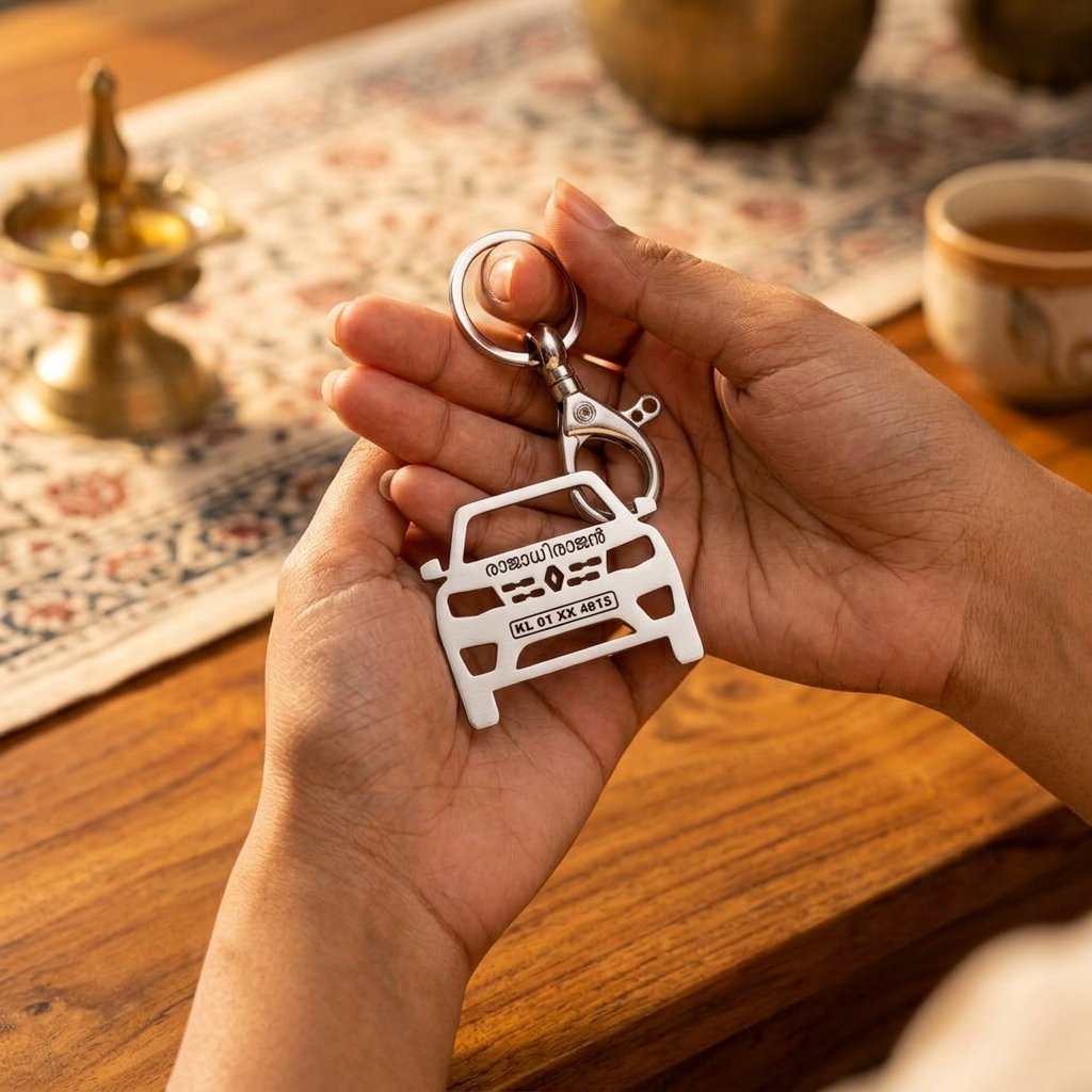 Personalized Stainless Steel Car Keychain — lifestyle photo in real gifting setting