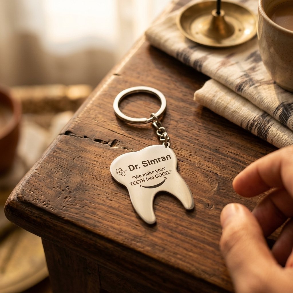 Personalized Stainless Steel Keychain for Dentist — lifestyle photo in real gifting setting