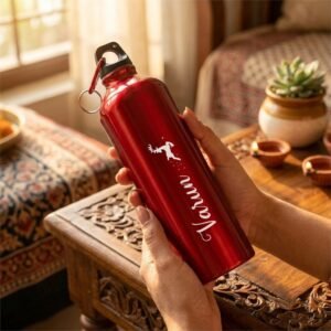 Personalized Water Bottle with Christmas Deer Theme — lifestyle photo in real gifting setting