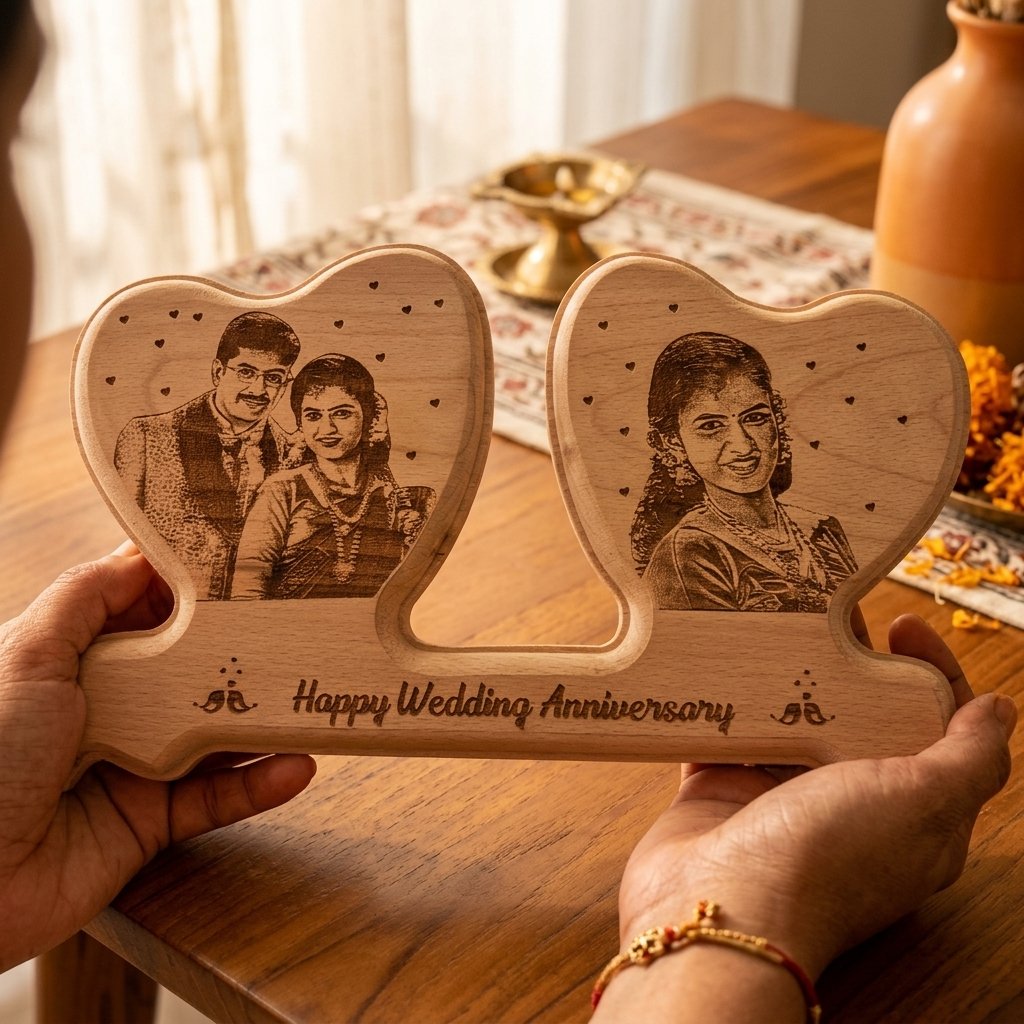Personalized Wedding Anniversary Wooden Plaque — lifestyle photo in real gifting setting