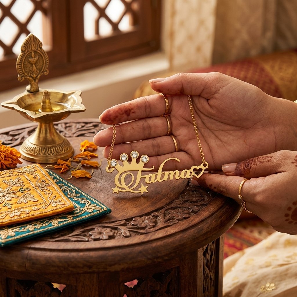 Royal Heart Name Necklace with Gold Plated Crown and Stones — lifestyle photo in real gifting setting