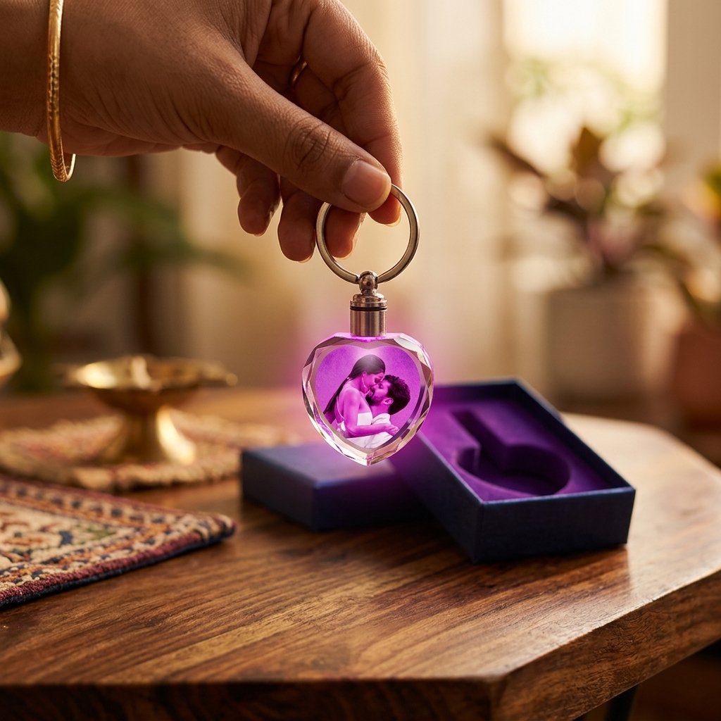 Shop Love Shape Colour Printed Crystal LED Keychain — lifestyle photo in real gifting setting