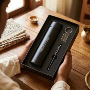 Temperature Bottle, Pen with stylus and Keychain Gift Combo — lifestyle photo in real gifting setting