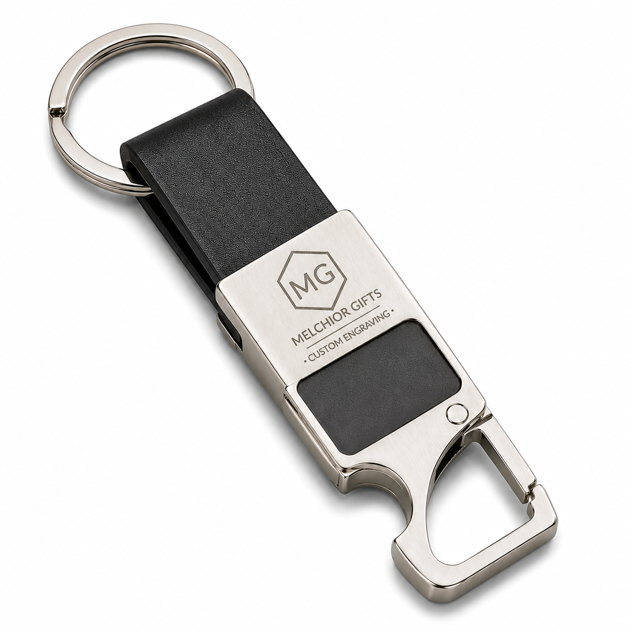 Personalised logo keychain — Black carabiner hook opener with bottle opener and laser-engraved company logo plate