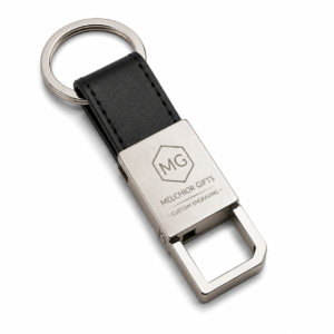 Personalised logo keychain in black metal and leatherette with engraved company logo