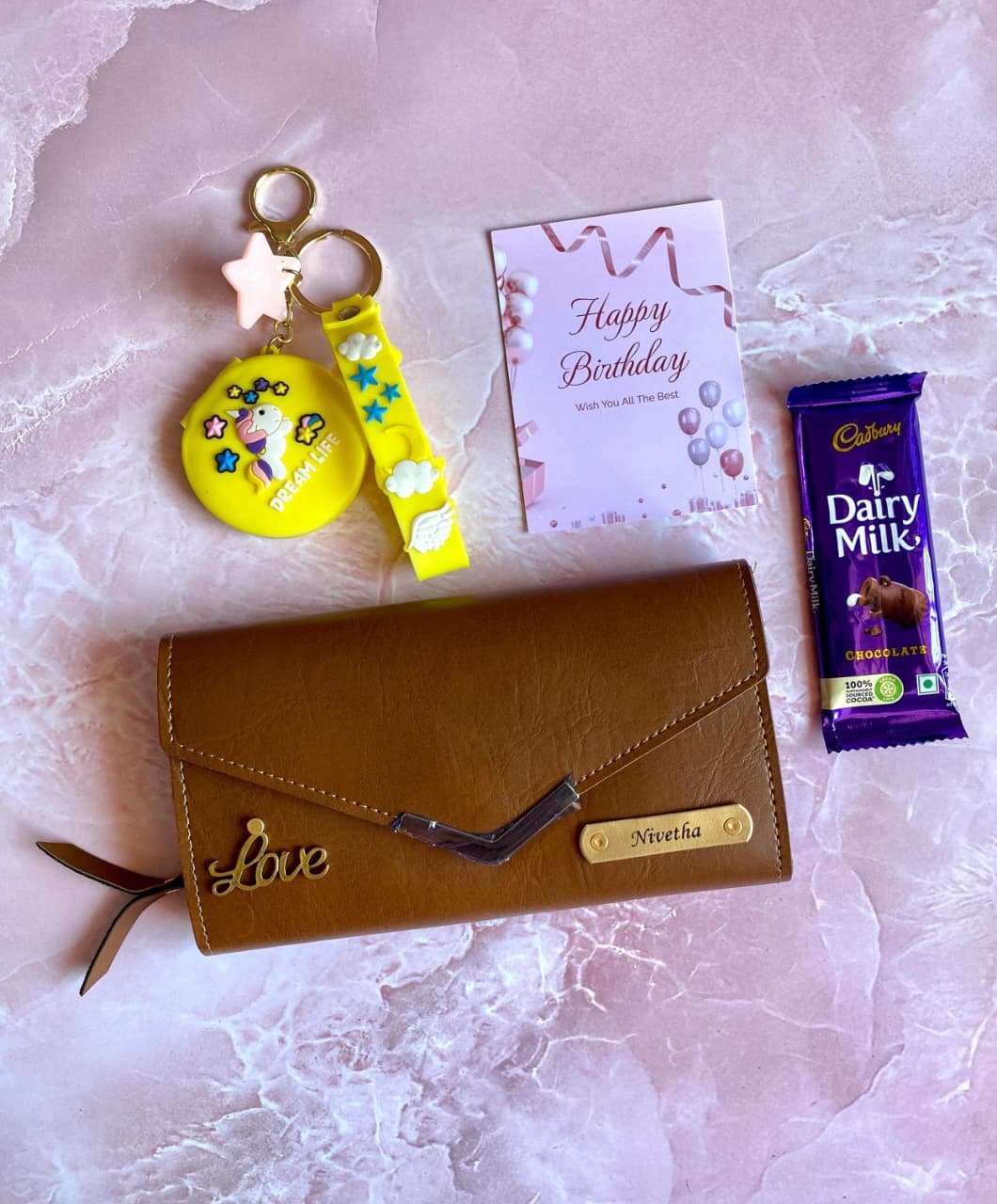 Bangkok Ladies Wallet + Mirror Keychain + Chocolate Gift Combo – Personalised Gift for Her | Birthday Anniversary — personalised corporate bulk gift with logo engraving, India