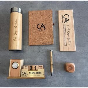 Personalised Corporate Gift Set — Bamboo LED Flask, Cork Diary, Pen, Nameplate, Penstand & Paperweight