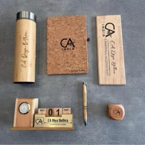 Personalised Corporate Gift Set — Bamboo LED Flask, Cork Diary, Pen, Nameplate, Penstand & Paperweight