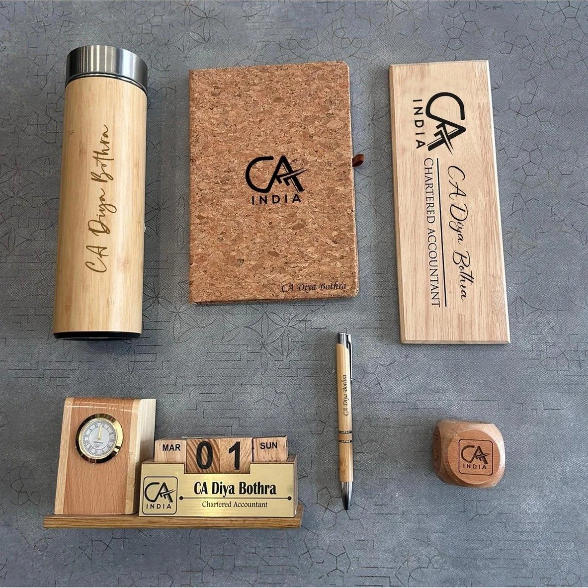 Personalised Corporate Gift Set — Bamboo LED Flask, Cork Diary, Pen, Nameplate, Penstand & Paperweight