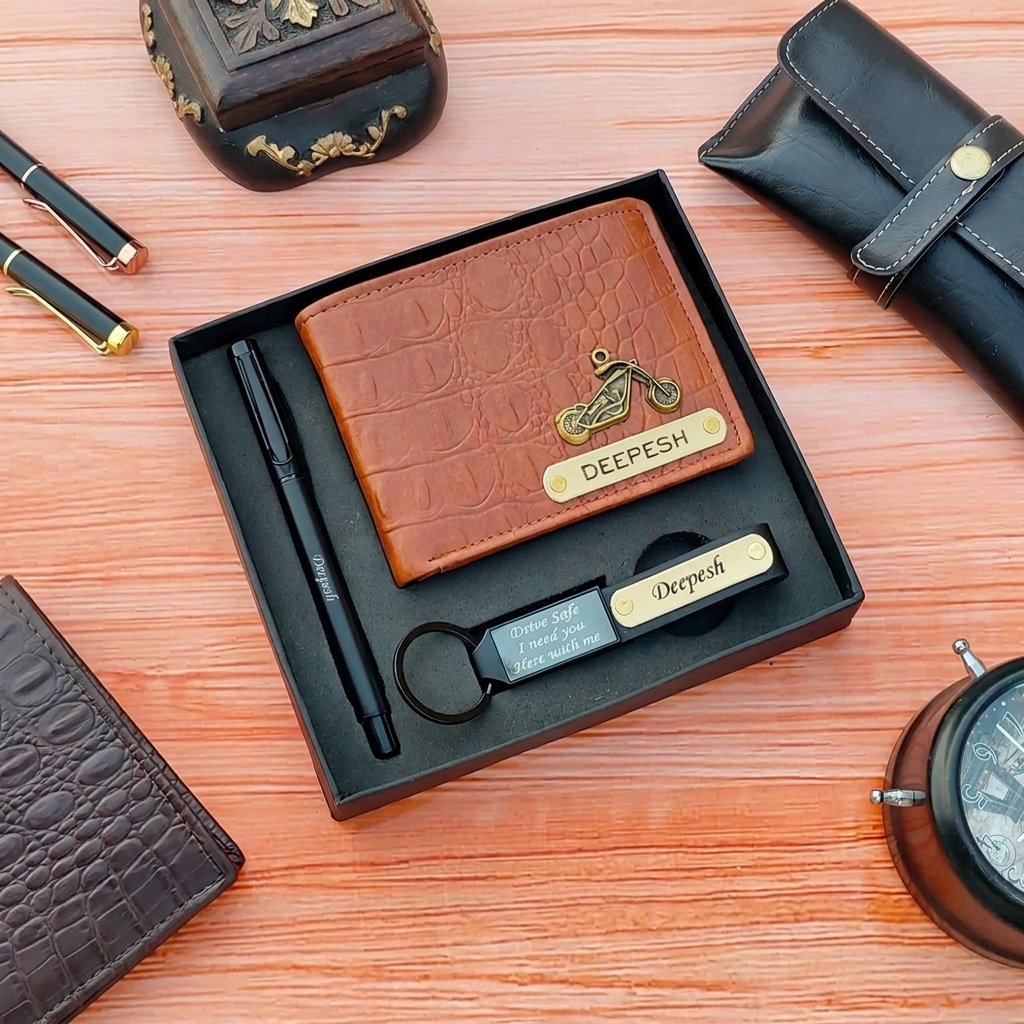 Crock 3.0 Wallet + Stylish Pen + Keychain – 3-in-1 Men's Gift Combo — close-up detail view showing personalisation and craftsmanship