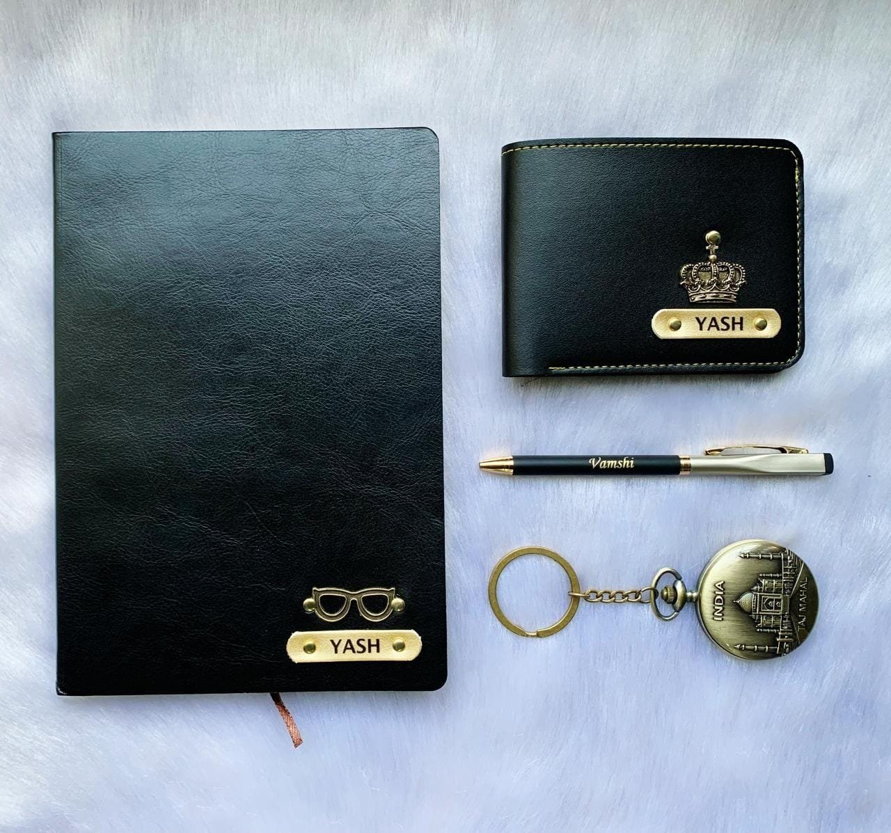 Diary + Pen + Antique Watch + Men's Wallet – 4-Piece Personalised Gift Combo | Birthday Anniversary Gift for Husband — personalised corporate bulk gift with logo engraving, India