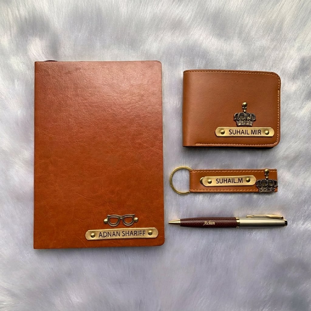 Diary + Pen + Men's Wallet + Leather Keychain – 4-Piece Personalised Gift Combo — gift-ready presentation suitable for special occasions