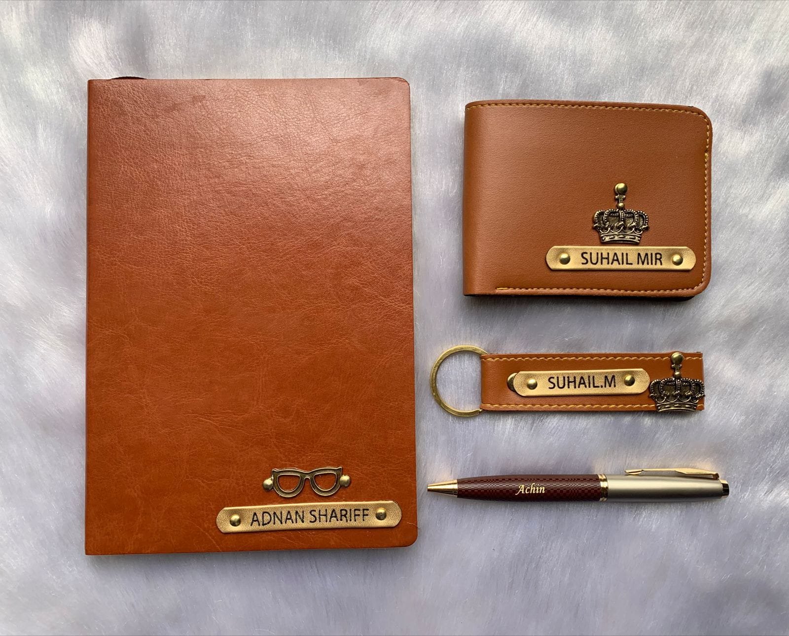 Diary + Pen + Men's Wallet + Leather Keychain – 4-Piece Personalised Gift Combo | Birthday Anniversary Gift for Husband Boyfriend — personalised corporate bulk gift with logo engraving, India