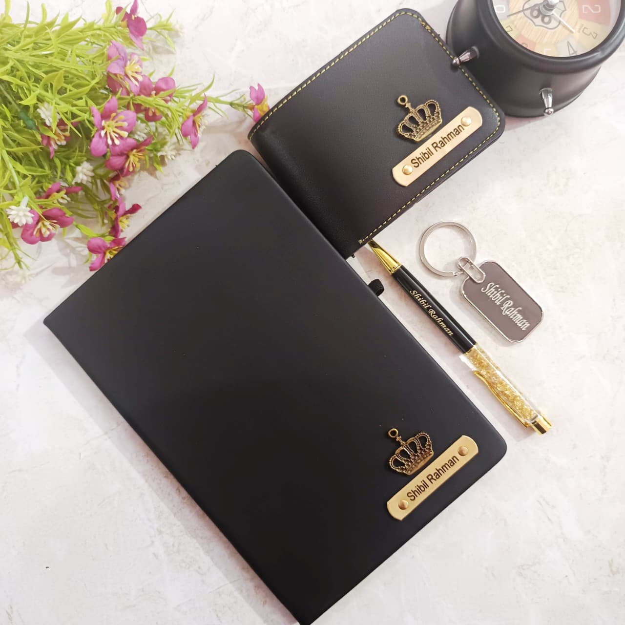 Personalised diary pen wallet and leather keychain 4 piece combo for men