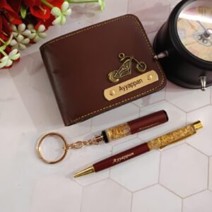Personalised faux leather wallet gold flake pen and gold flake keychain combo