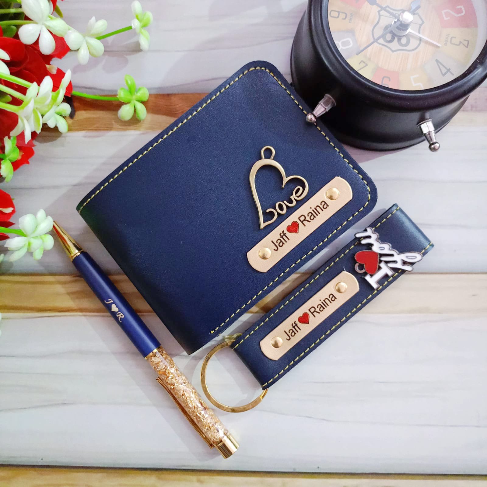 Personalised faux leather wallet gold flake pen and leather keychain combo
