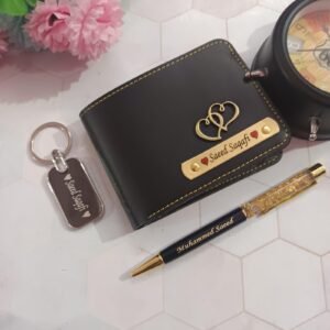 Personalised faux leather wallet pen and metal keychain combo