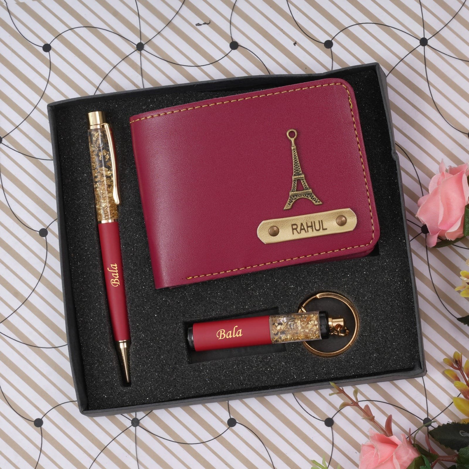 Gold flake pen, keychain and faux leather wallet gift set