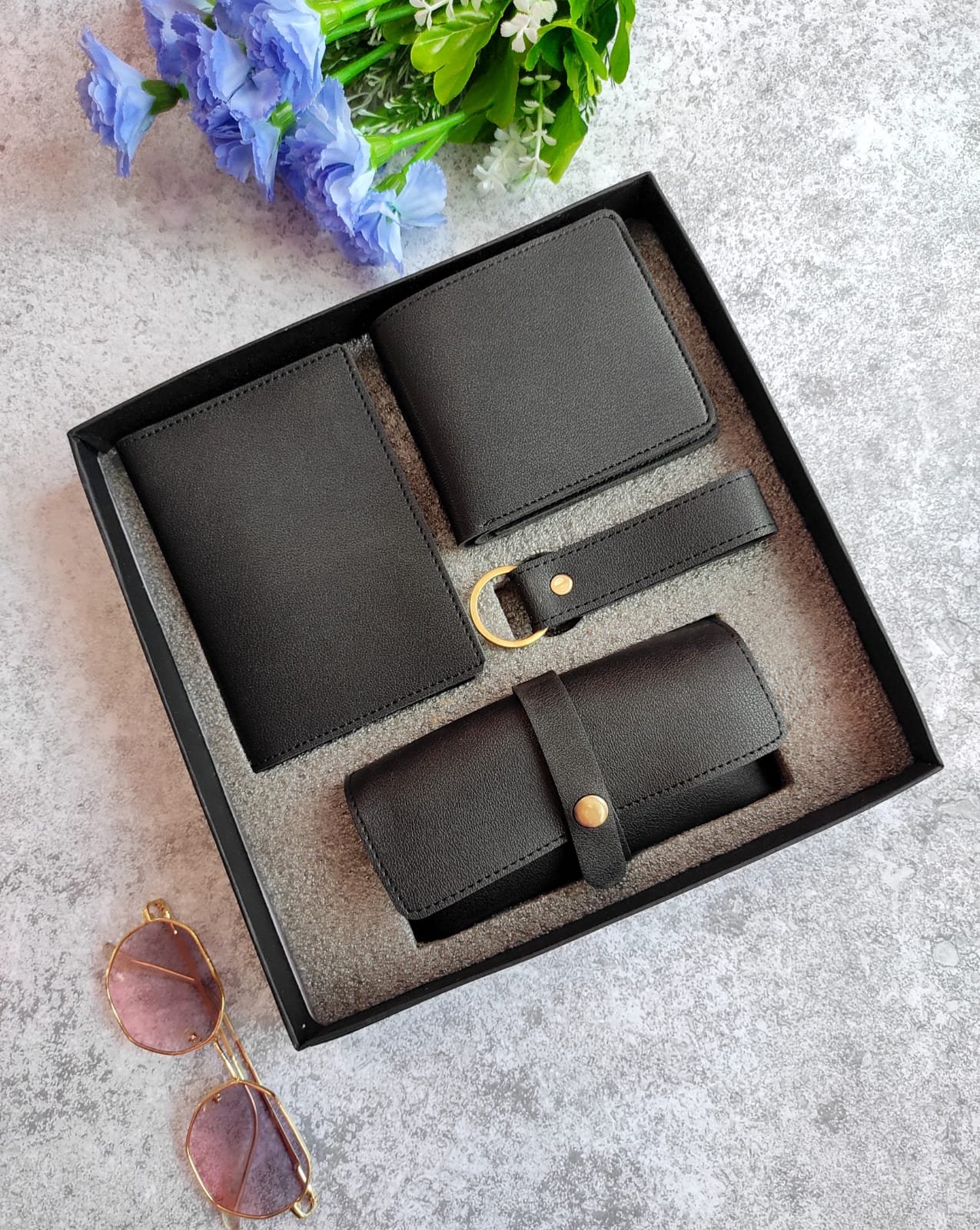 Imported Leather 4-Piece Combo for Men – Wallet, Card Holder, Pen Sleeve & Keychain | Personalised Gift Set — personalised corporate bulk gift with logo engraving, India