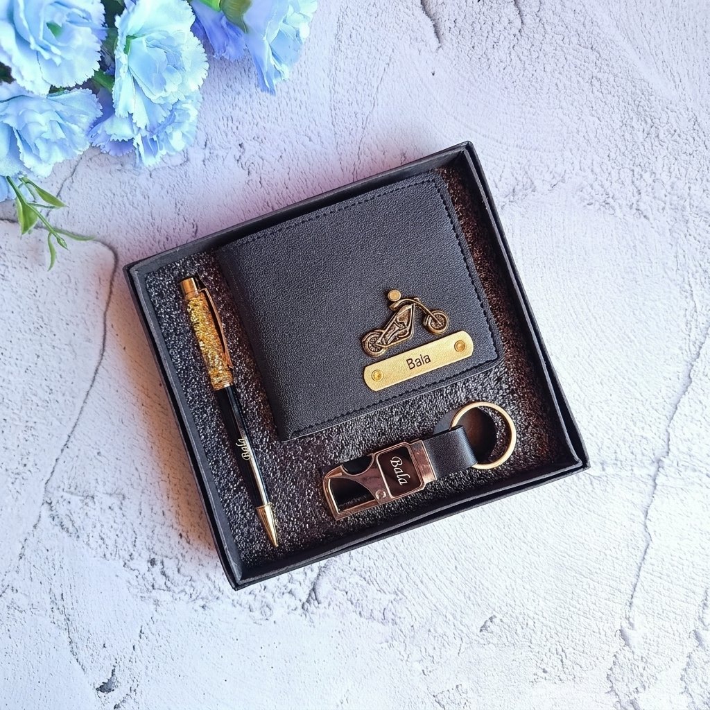 Imported Leather Wallet + Pen + Metal Keychain – 3-in-1 Men's Gift Combo — gift-ready presentation suitable for special occasions
