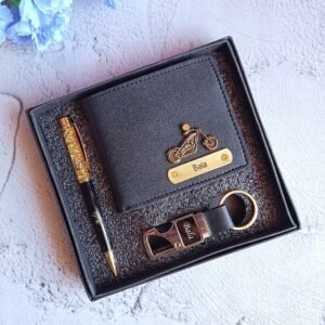 Personalised imported leather wallet pen and metal keychain combo