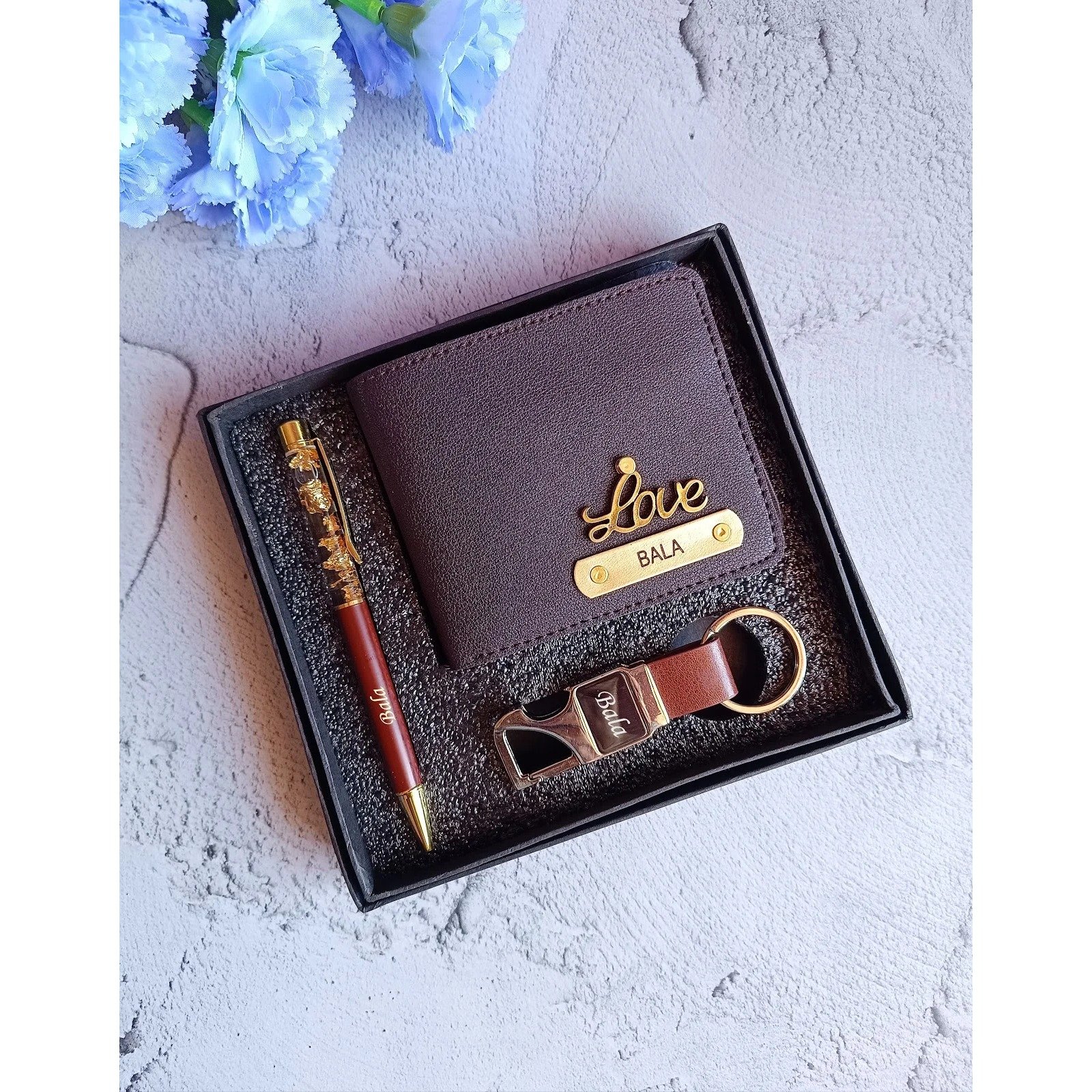 Personalised imported leather wallet pen and metal keychain combo 2