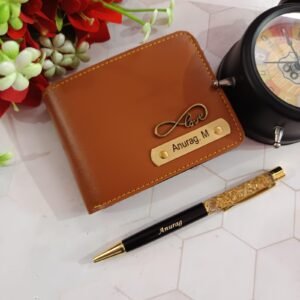 Personalised men's faux leather wallet and gold flake pen gift combo