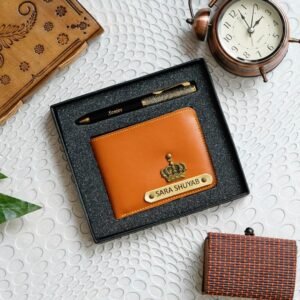 Personalised men's faux leather wallet and zari pen gift combo