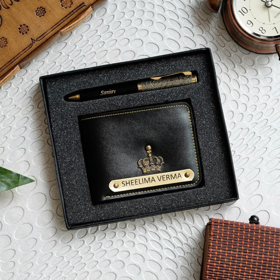 Personalised men's faux leather wallet and zari pen gift combo