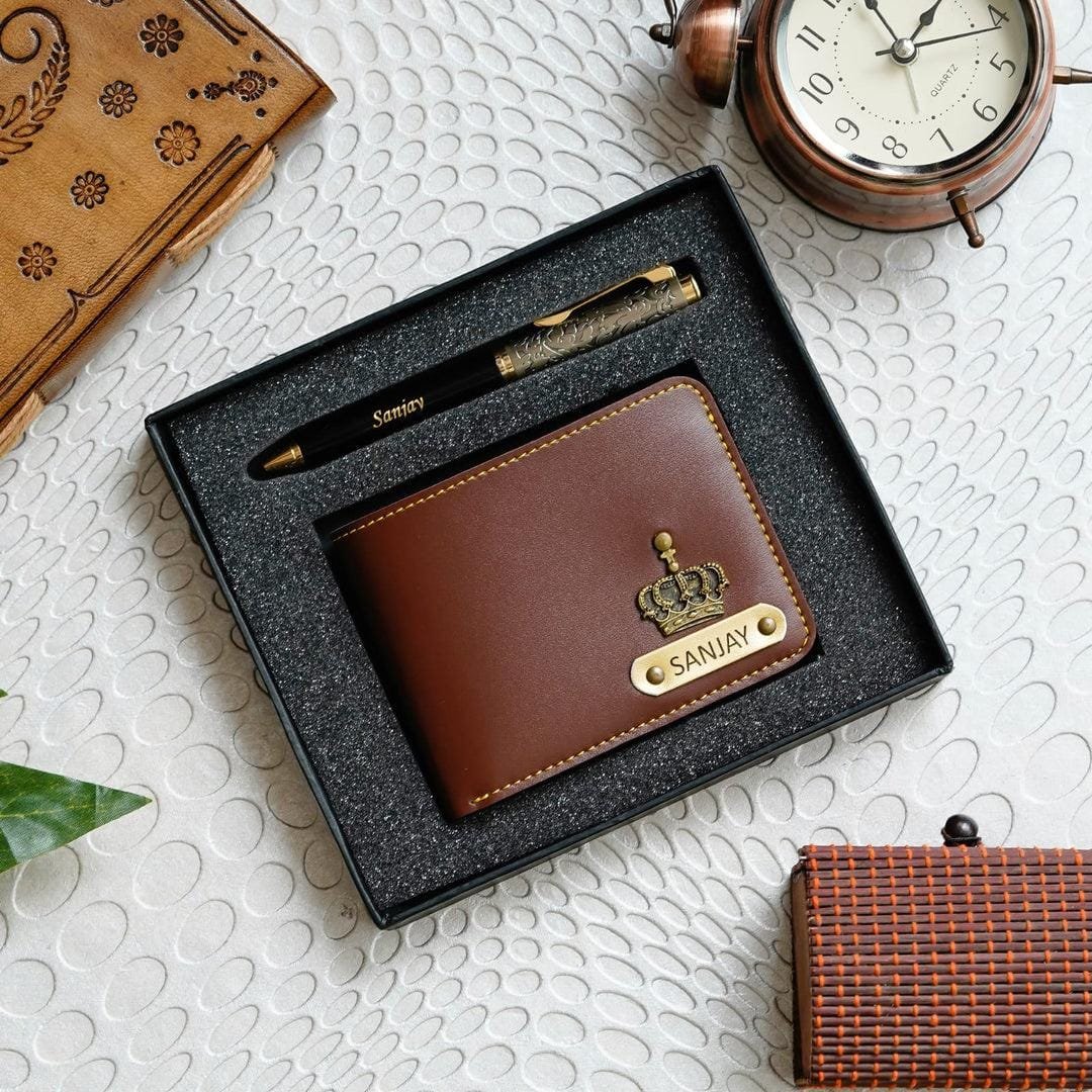 Personalised men's faux leather wallet and zari pen gift combo