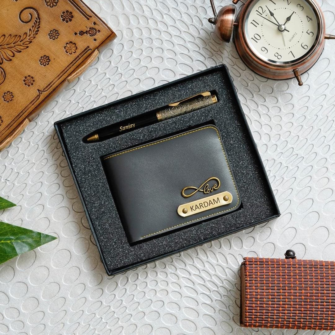 Personalised men's faux leather wallet and zari pen gift combo