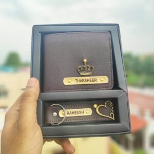 Personalised men's imported leather wallet and leather keychain gift combo
