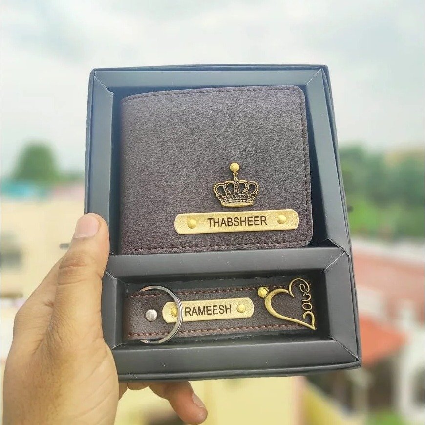 Men's Imported Leather Wallet + Leather Keychain Gift Combo – Birthday Anniversary Gift for Husband Boyfriend | Personalised 2-Piece Set