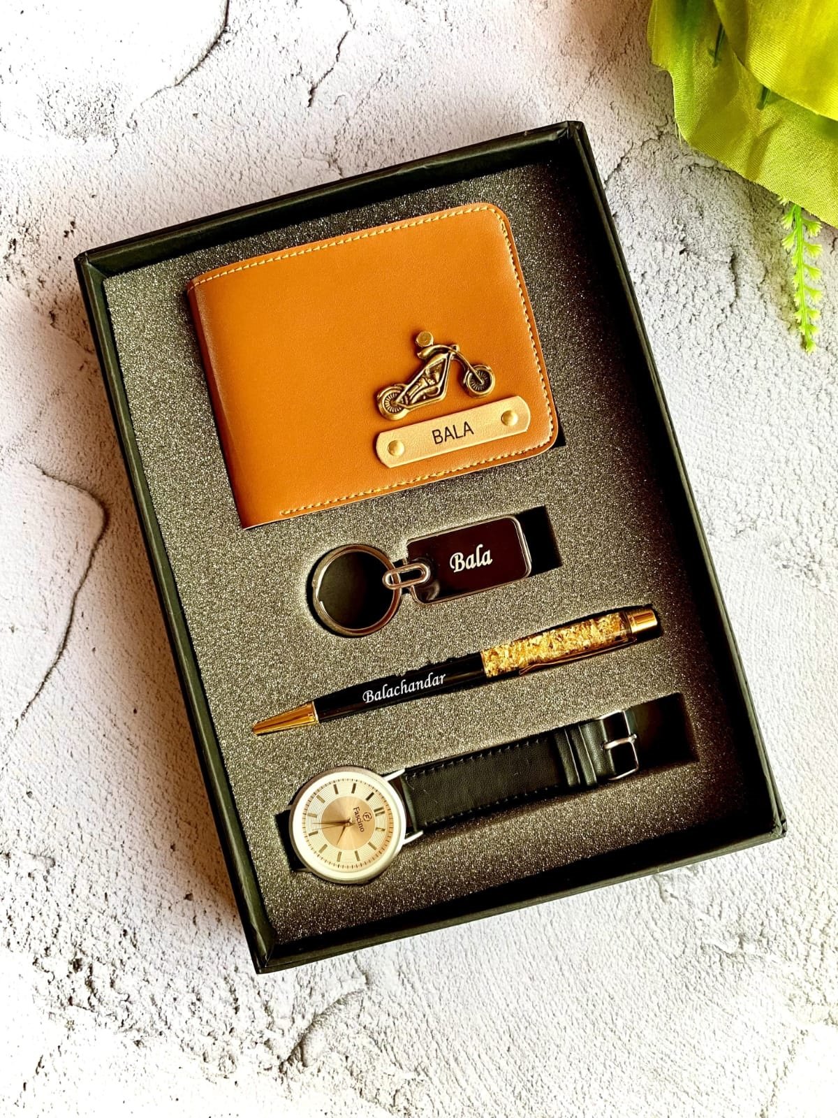 Men's Wallet + Metal Keychain + Pen + Watch – 4-Piece Personalised Gift Combo | Birthday Anniversary Gift for Husband Boyfriend — personalised corporate bulk gift with logo engraving, India