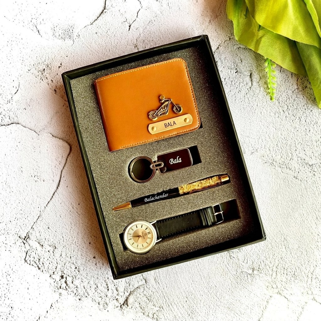 Men's Wallet + Metal Keychain + Pen + Watch – 4-Piece Personalised Gift Combo — gift-ready presentation suitable for special occasions