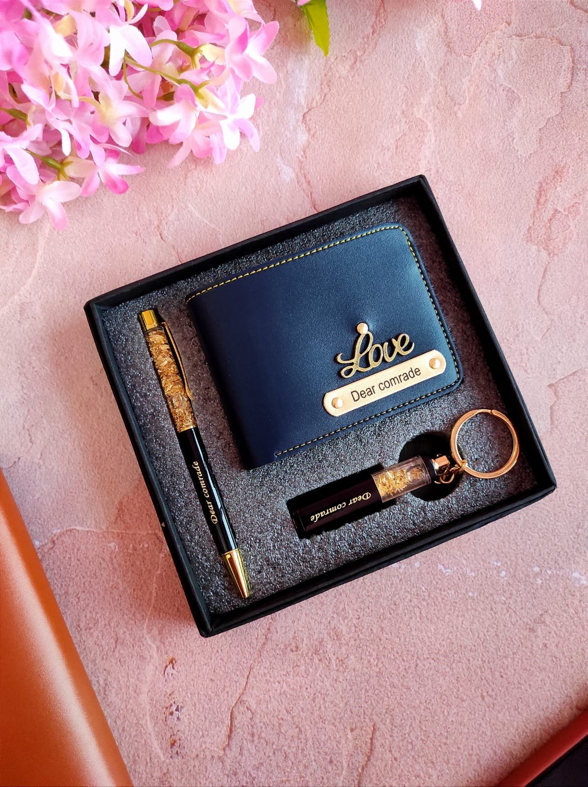 Men's wallet, pen and keychain combo in a gift box