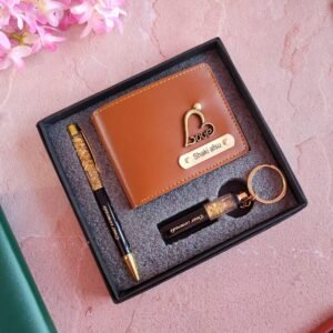 Men's faux leather wallet, gold flake pen and keychain gift combo