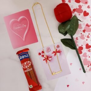 Personalised name pendant with ring rose box and chocolate gift hamper for her