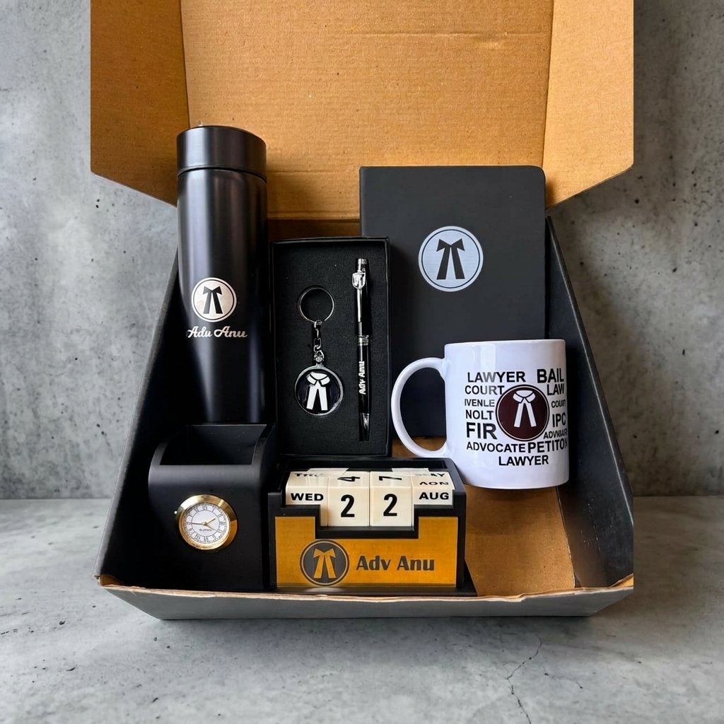 Personalised Advocate Desk Combo – Diary, Pen Stand, Bottle, Mug & Keychain — lifestyle photo in real gifting setting
