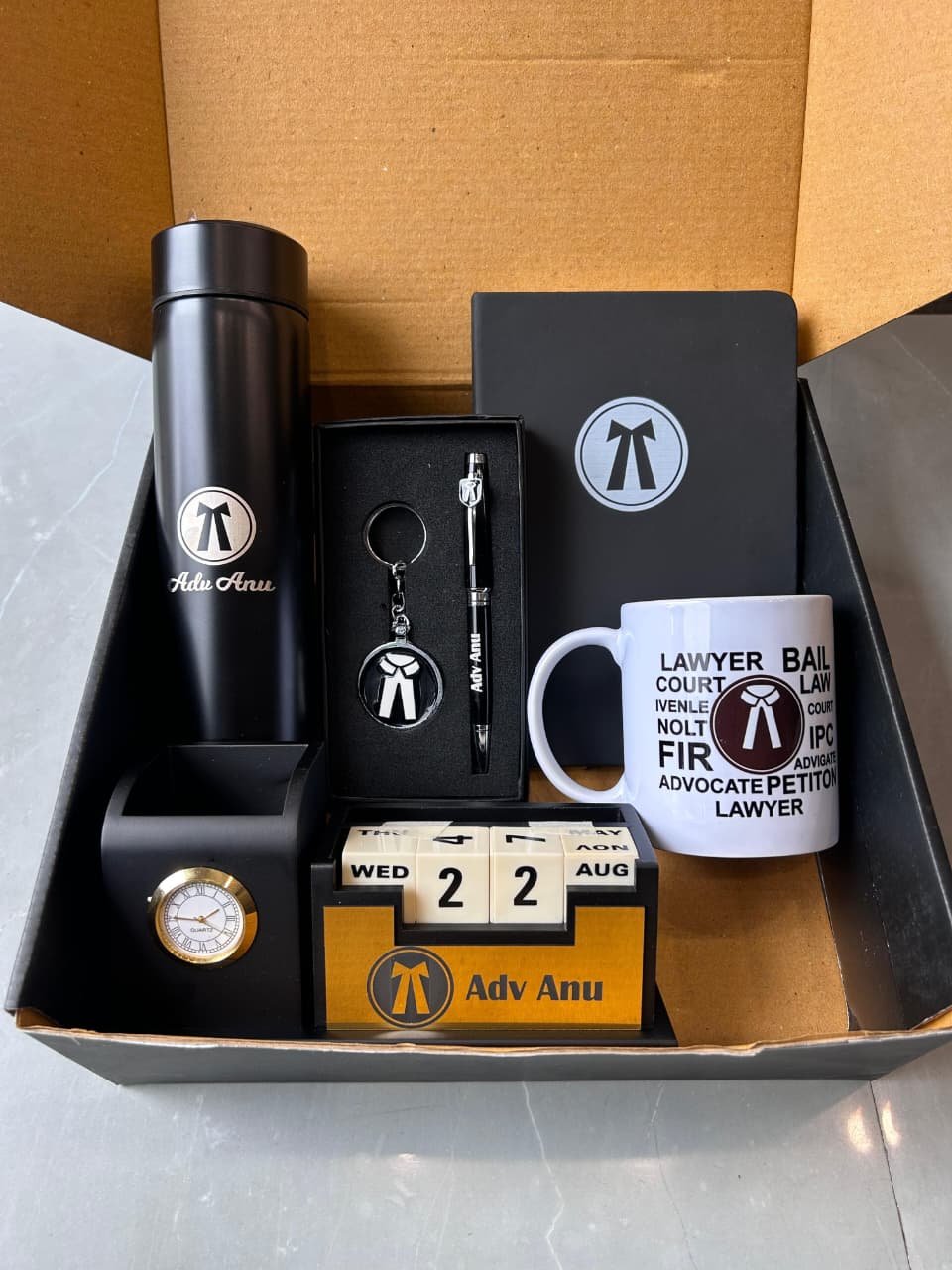 Personalised Advocate Desk Combo – Diary, Pen Stand, Bottle, Mug & Keychain | Gift for Lawyers Advocates — personalised corporate bulk gift with logo engraving, India