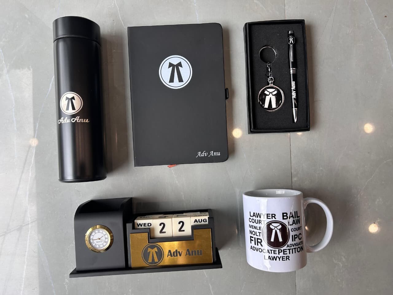 Personalised Advocate Gift Combo – Diary, Pen, Bottle, Keychain & Sunglasses | Gift for Lawyers Advocates — personalised corporate bulk gift with logo engraving, India