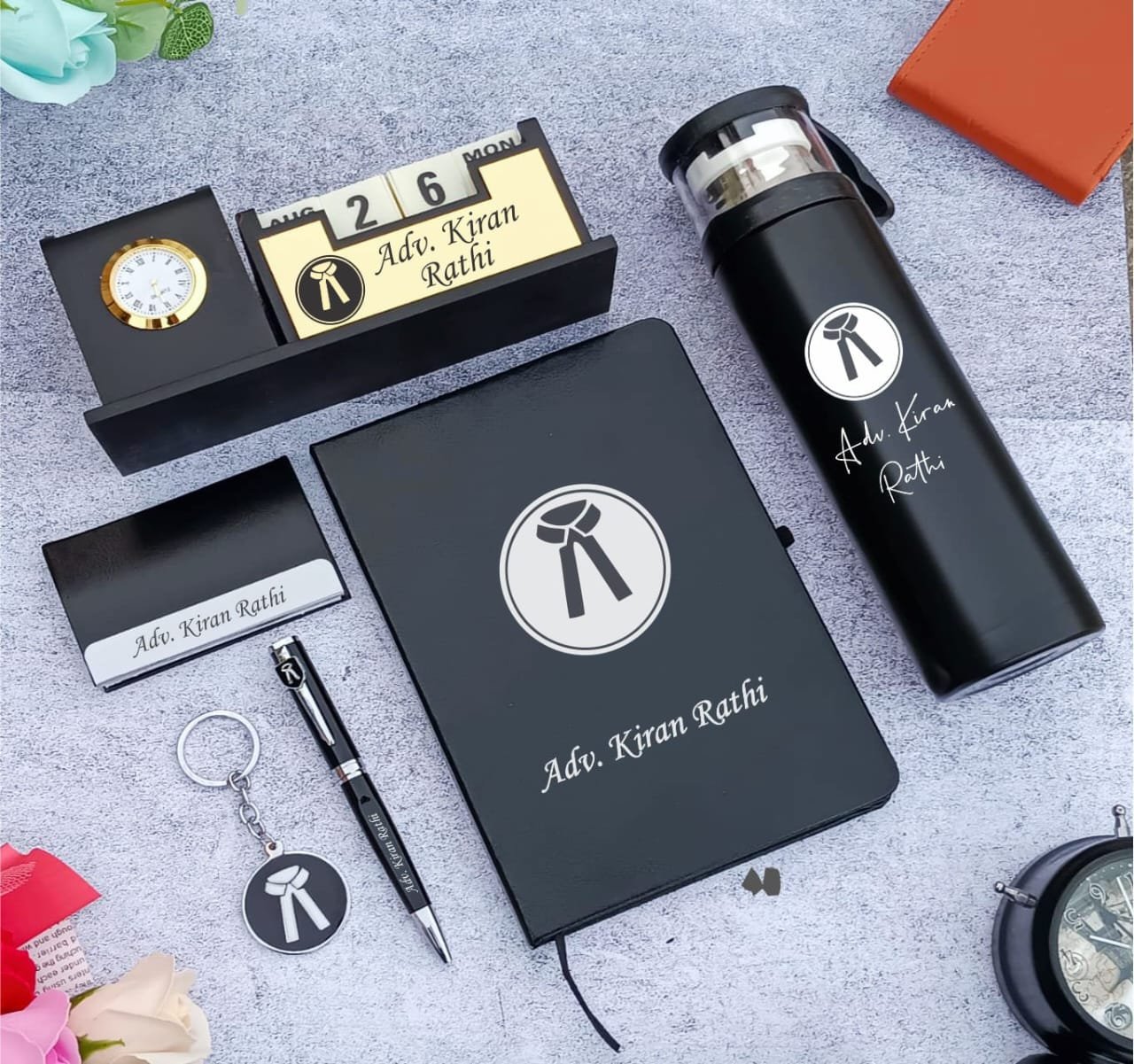 Personalised Advocate Professional Combo – Diary, Pen, Bottle & Keychain | Gift for Lawyers Advocates — personalised corporate bulk gift with logo engraving, India